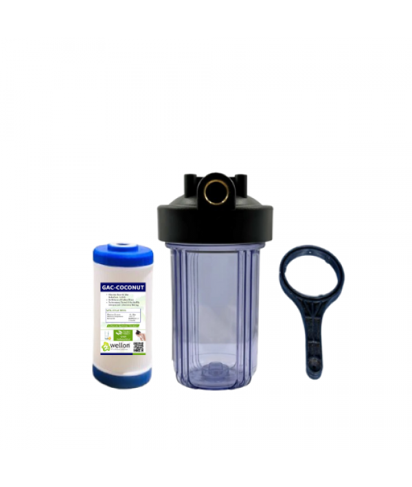 Wellon 10" Jumbo Pre-Filter Housing Kit with GAC-Coconut Carbon Cartridge, Spanner & Air Vent – 1/2" Brass Inlet | Natural Chlorine, Odor & Taste Removal